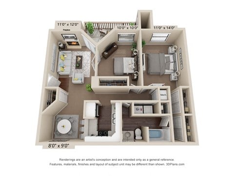 Floor plan for 2 beds, 1 bath, 841 sqft